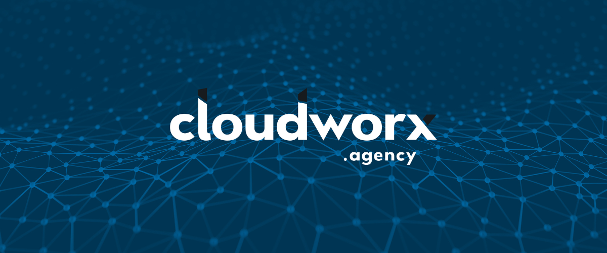 The cloudworx logo in front of a blue background.